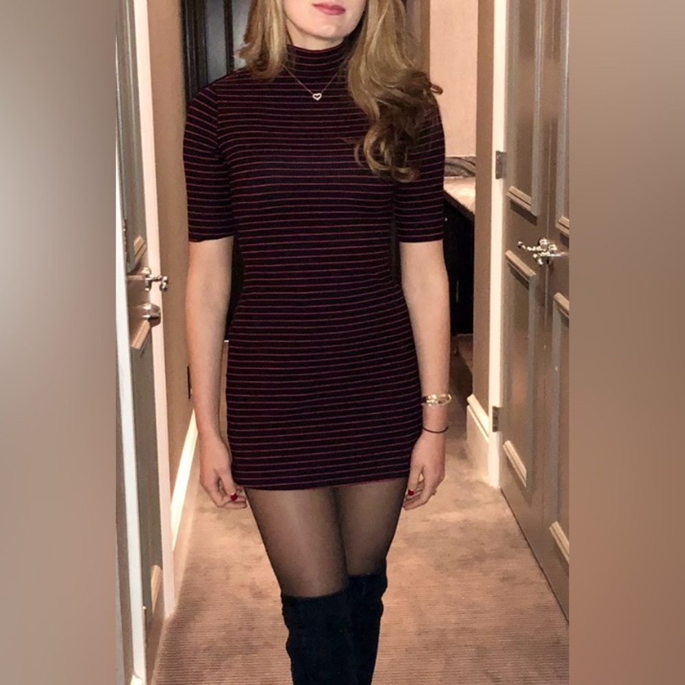 Reformation Jeans Ribbed Turtleneck Striped Mini Dress - Black and Red